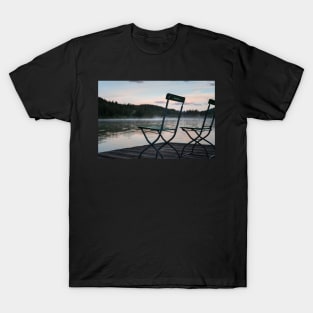 Two Chairs on pier. Amazing shot of the Ferchensee lake in Bavaria, Germany. Scenic foggy morning scenery at sunrise. T-Shirt